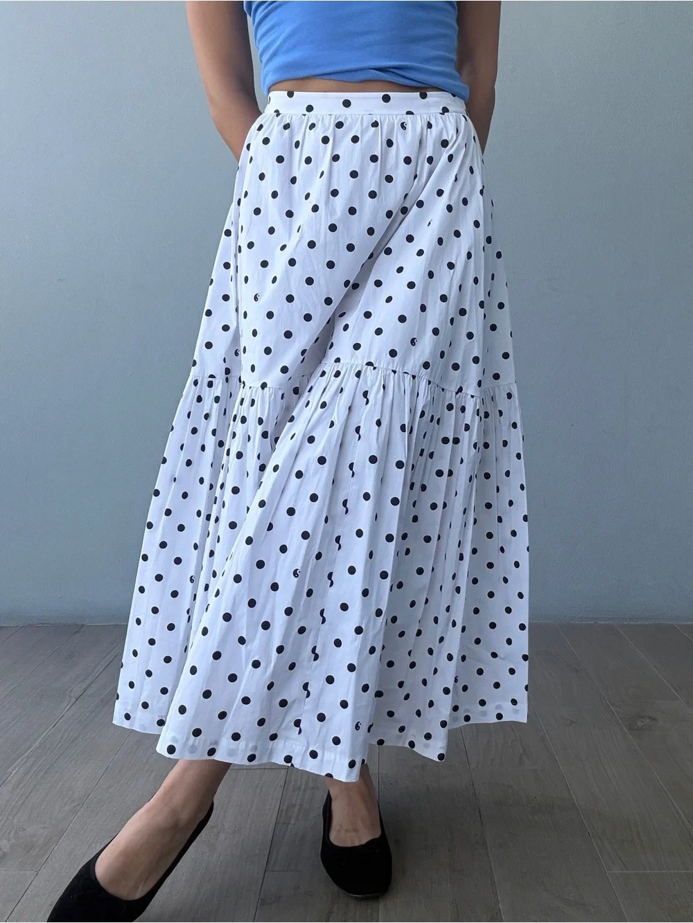 Polka Dot Tiered Maxi Skirt - White with Black Dots